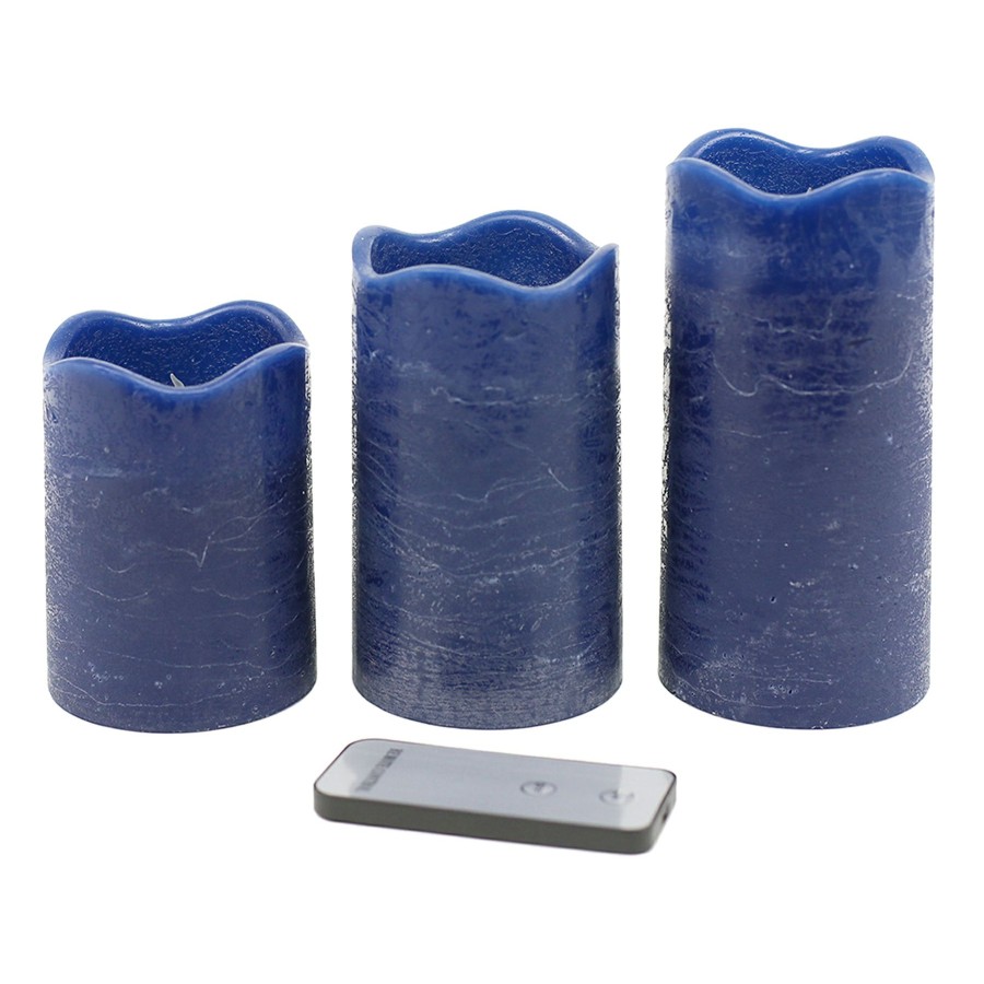 Home D Cor * | Set Of 3 3X4 3X5 3X6 Led Wax Candles Wavy Top Dark Blue Lower Prices