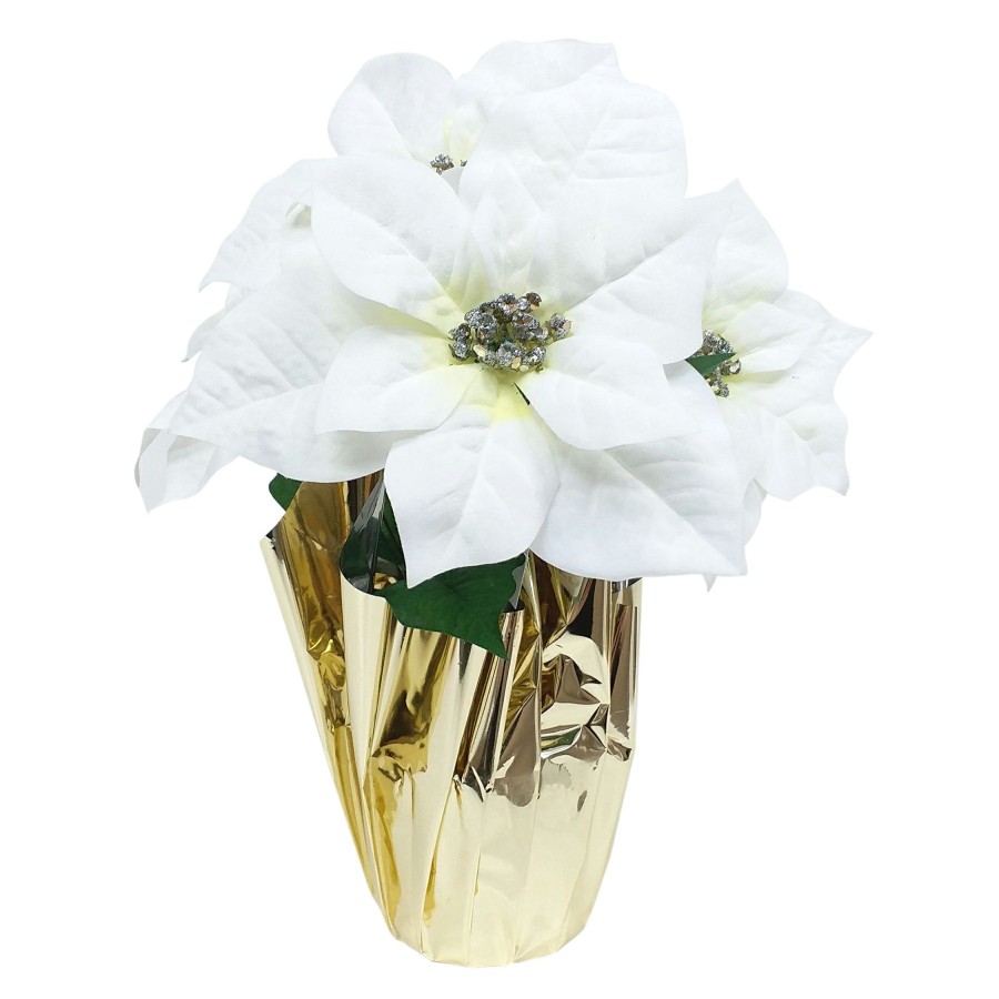 Home D Cor * | Potted White Poinsettias In Gold Foil, 15 At Discount Prices