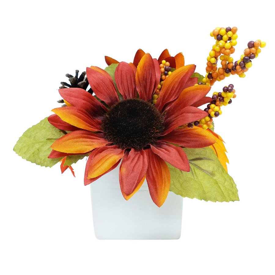 Home D Cor * | Orange Sunflower In Square Ceramic Pot, 7 Exactly Discount