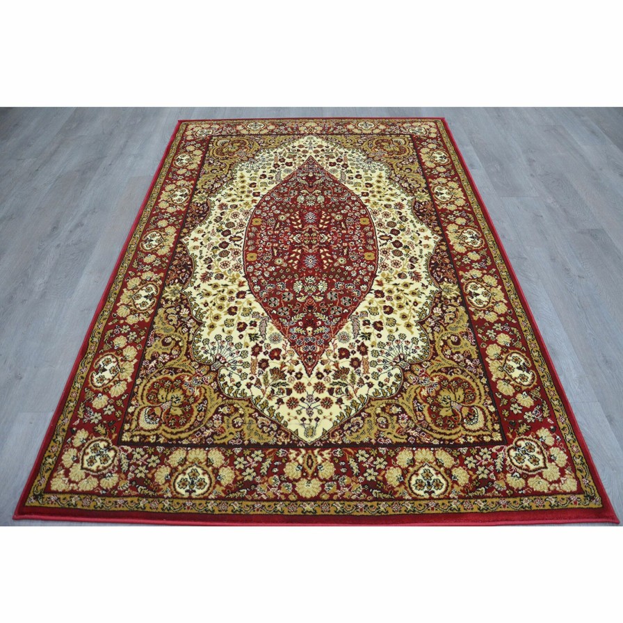 Rugs & Curtains * | (B33) Ivory & Red Traditional Teardrop Design Area Rug, 5 7 At Reduced Price