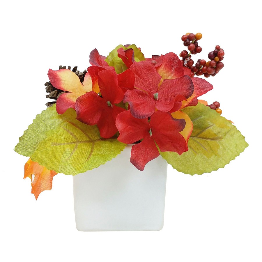 Home D Cor * | Orange Hydrangea In Square Ceramic Pot, 7 Exactly Discount