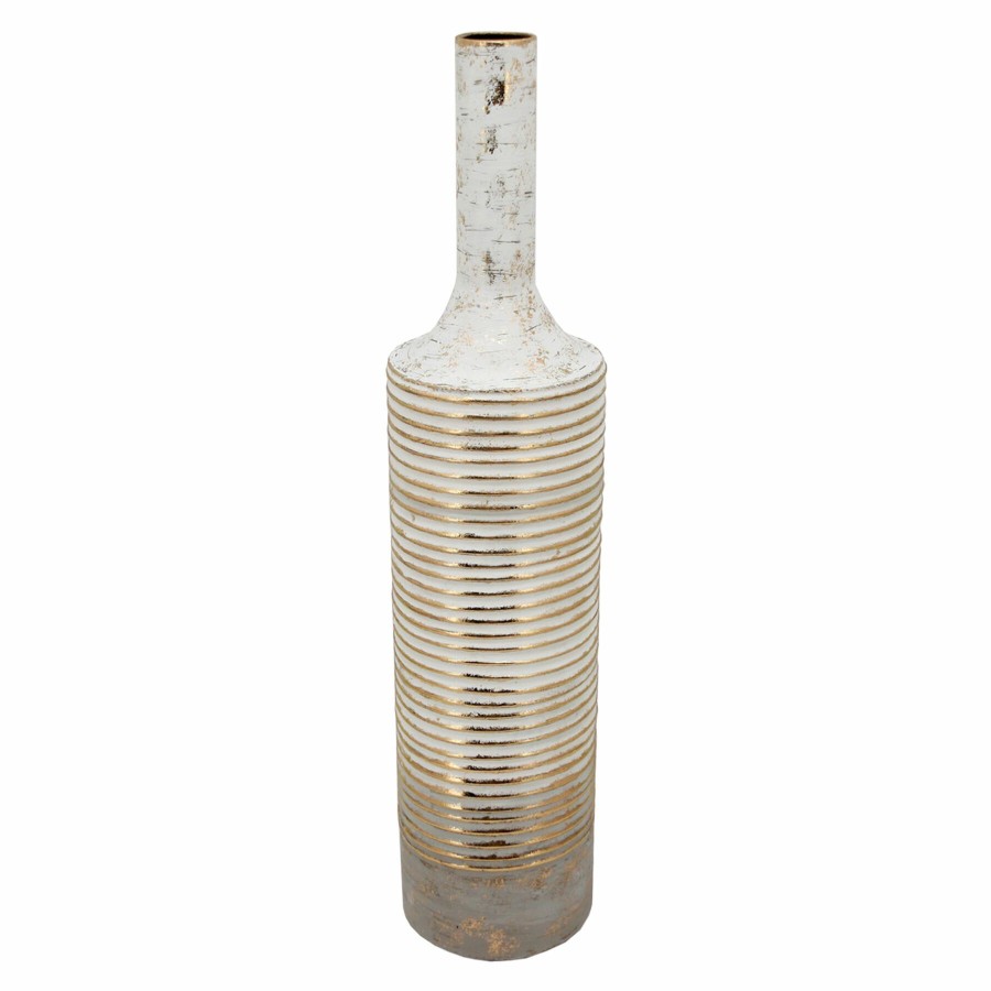 Home D Cor * | White & Gold Ribbed Floor Vase, 36 Latest Fashion