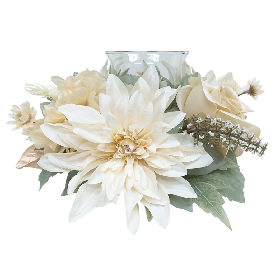 Home D Cor * | Ivory Dahlia & Hydrangea With Glass Candle Holder, 13 At Low Price