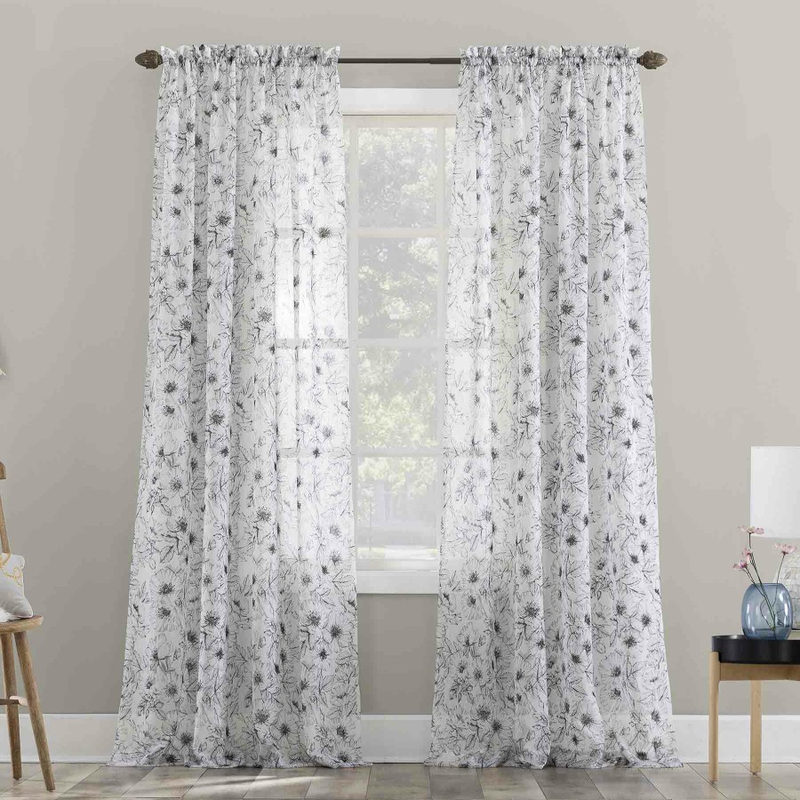 Rugs & Curtains * | Grey & White Poppy Print Rod Pocket Sheer Curtain Panel, 84 Reduction In Price