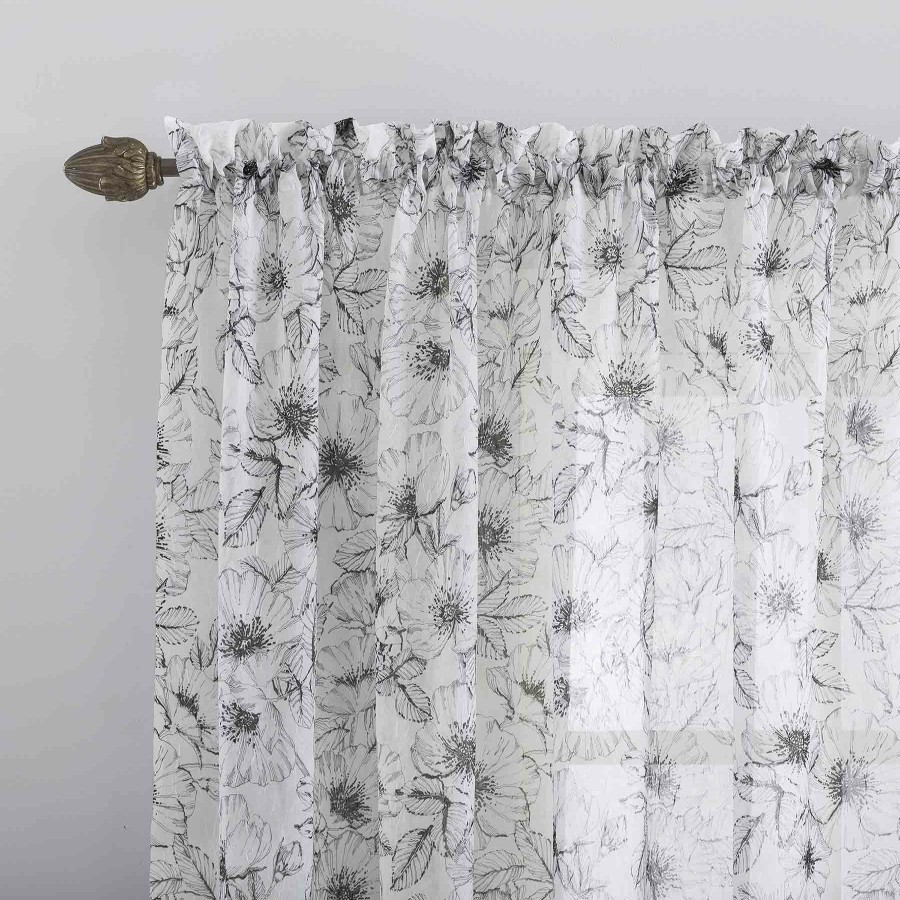 Rugs & Curtains * | Grey & White Poppy Print Rod Pocket Sheer Curtain Panel, 84 Reduction In Price