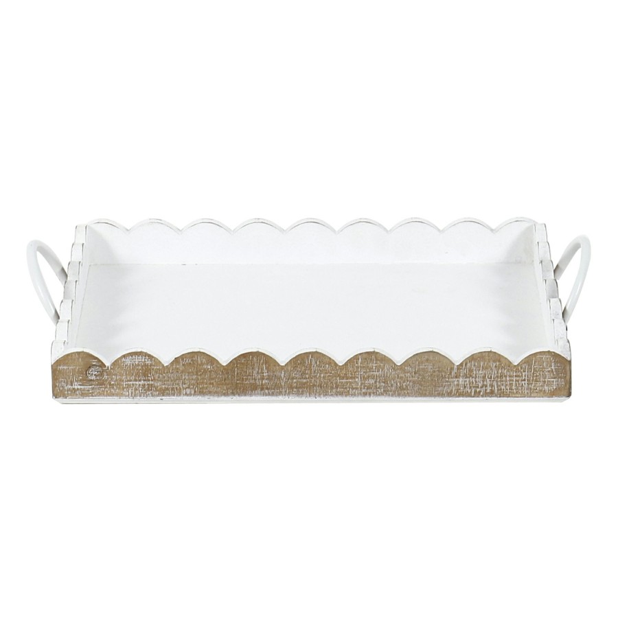 Home Accents * | White Wood Rectangular Tray With Metal Handles, Large Lower Prices